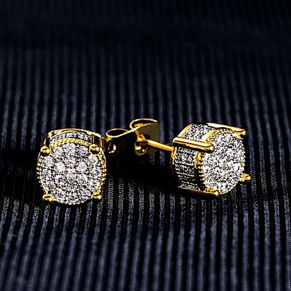 Gold Round Cut Moissanite Circle Shaped Pave Diamond Zircon Stud Earrings - Picture 7 of 9
